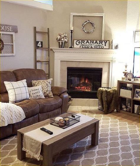 Farmhouse Living Room With Brown Leather Couch
