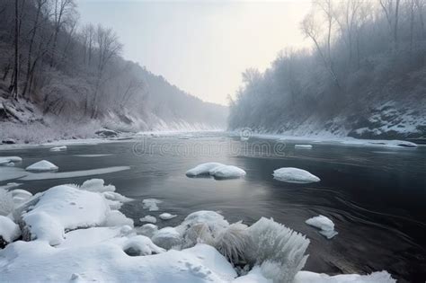 Majestic River Frozen In Winter Covered In Snow And Ice Stock Photo