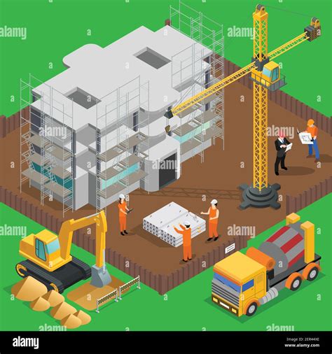 Construction Isometric Composition With View Of High Rise Building Yard