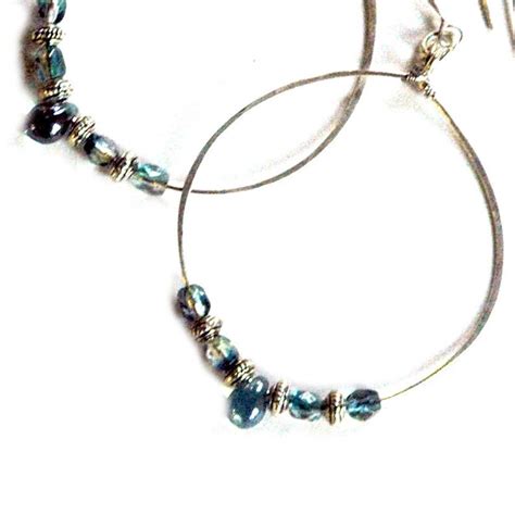 Large Silver Hoop Earrings Pale Blue Czech Glass Beads With Etsy