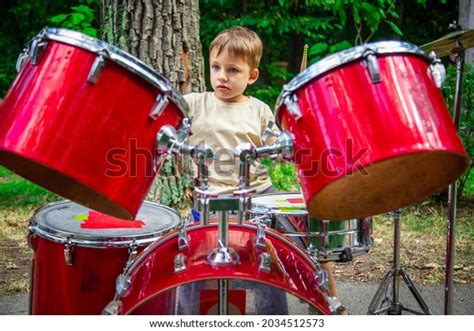 Little Boy Playing Drums Outdoor Stock Photo 2034512573 Shutterstock