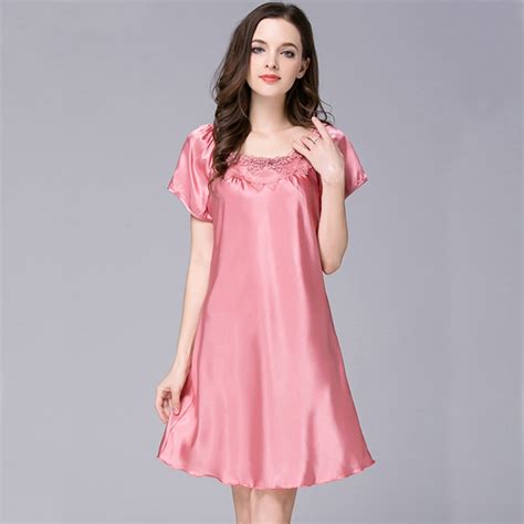 Ng0293 Women Nightgown Sleepshirt Summer Short Sleeve Nightdress Satin Silk Sexy Lace Night