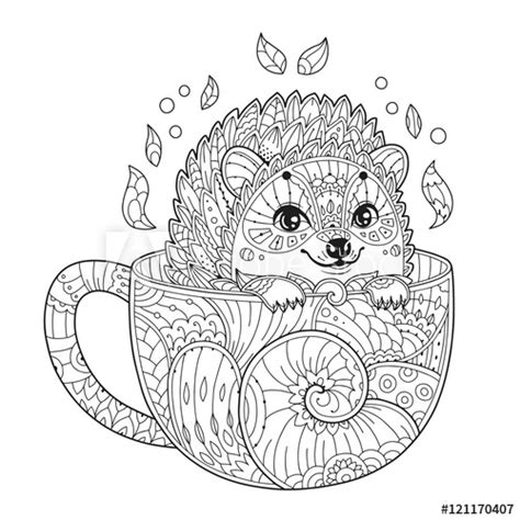 Print out animal pages/information sheets to color. Hedgehog in cup. Adult antistress coloring page with ...