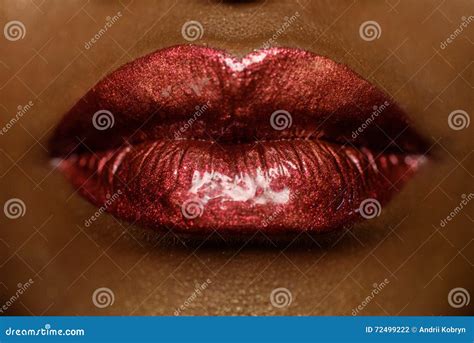 Close Up Of Woman S Lips With Bright Fashion Dark Red Glossy Makeup