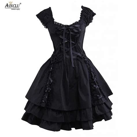 Womens Classic Lolita Dress Hot Gothic Black Layered Lace Up Cotton