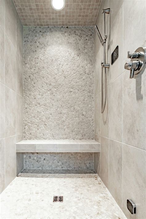 Custom Tile Shower With Pebble Feature Wall Bathroom Shower Walls