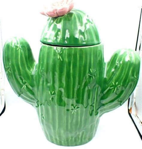 Vintage Saguaro Cactus Pink Flower Cookie Jar 1980s Treasure Craft Usa