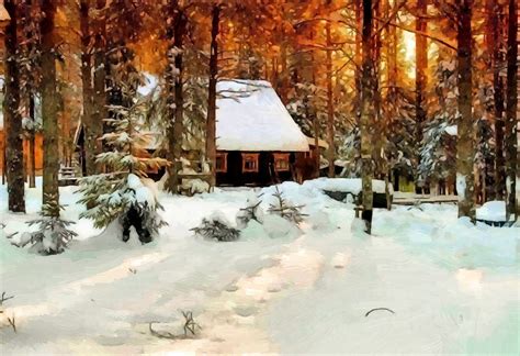Winter Snow Forest Trees House Painting Oil On Canvas