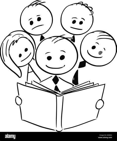 Cartoon Stick Man Illustration Of Smiling Businessman Reading Book And