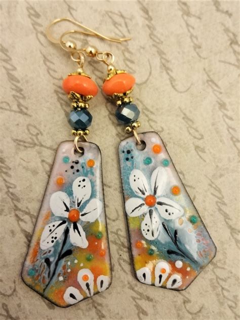 Artisan Enamel Earrings Aqua And Orange One Of A Kind Artisan Earrings