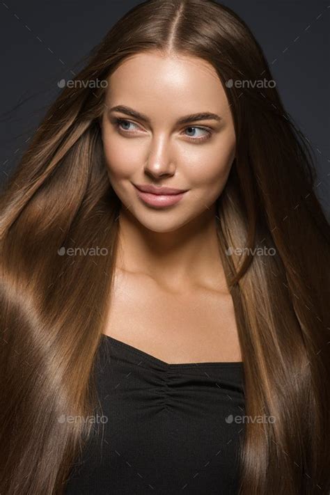 Brunette Woman With Long Hair Natural Tanned Skin Dark Background Natural Tan Skin Long