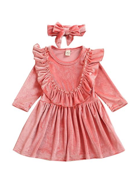 Wsevypo Toddler Kids Baby Girls Velvet Dress Long Sleeve Solid Ruffle