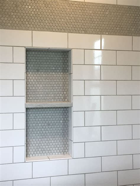 Master Shower Niche Subway Tile With Penny Round Tile And A Quartz