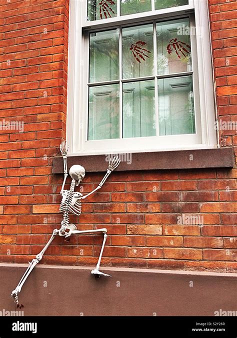 Halloween Skeleton Climbing To Window With Blood Red Handprints Stock