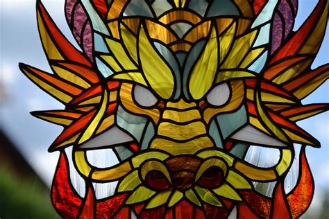 Chinese Dragon Stained Glass Panel Window Hanging Suncatcher Etsy