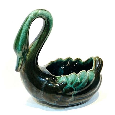 Beautiful Vintage Blue Mountain Pottery Swan Planter Blue Green Drip