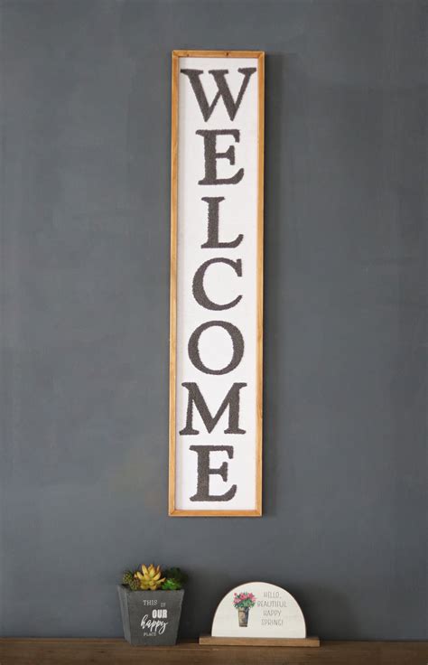 Parisloft Vertical Welcome Wood Wall Sign Natural Wood Frame White