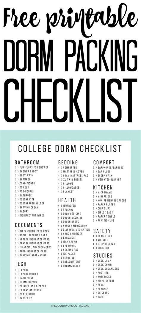 Free Printable Dorm Room Checklist Dorm Room Checklist College Dorm