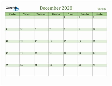 Fillable Holiday Calendar For Ukraine December 2028