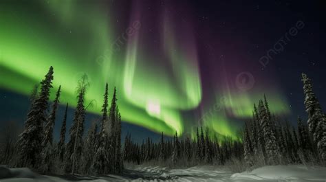 The Aurora Lights Up The Night Sky Over Snowy Forest Background Aurora