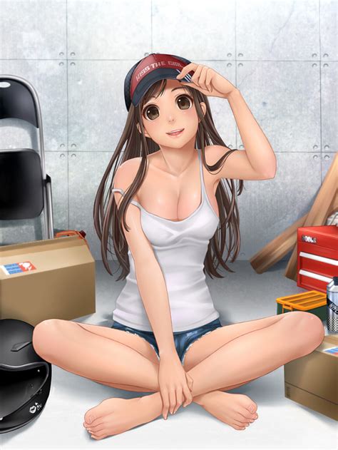 Original Masami Chie 1girl Adjusting Clothes Adjusting Hat Barefoot Bare Legs Baseball Cap Box