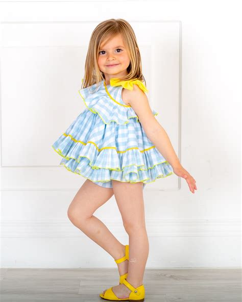 Nini Moda Infantil Baby Girls Light Blue And Yellow Checked Flared 2