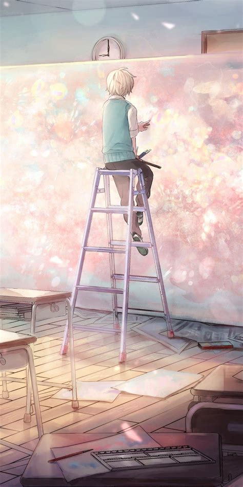 1080x2160 Anime Boy Classroom Painting Ladder Hd Phone Wallpaper