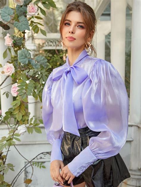 Shein Tie Neck Balloon Sleeve Organza Blouse Organza Blouse Fashion Beautiful Blouses