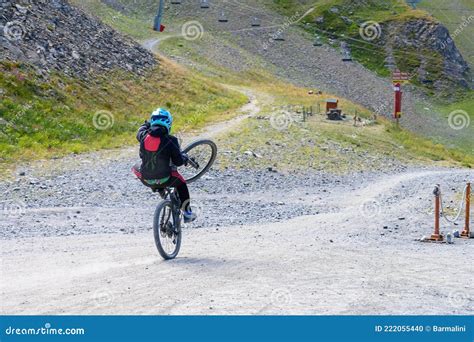 Extreem Outdoor Sport Challenge In French Alps Mountains In Summer Riding Downhill On Sport