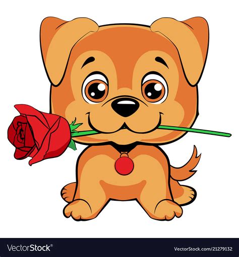 Cute Puppy With A Flower Cartoon Hand Drawn Vector Image