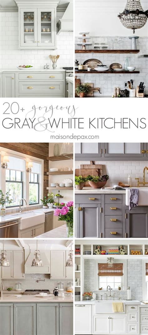 A contemporary kitchen with white upper cabinets and lower grey ones, gold and brass handles plus a white fish scale backsplash. 20+ Gorgeous Gray and White Kitchens - Maison de Pax