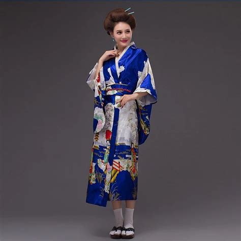 Royal Blue Japanese Traditional Woman Silk Kimono Yukata With Obi Evening Dress Performance