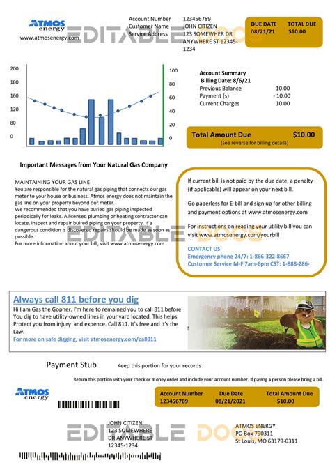 USA Virginia Atmos Energy utility bill template in Word and PDF format