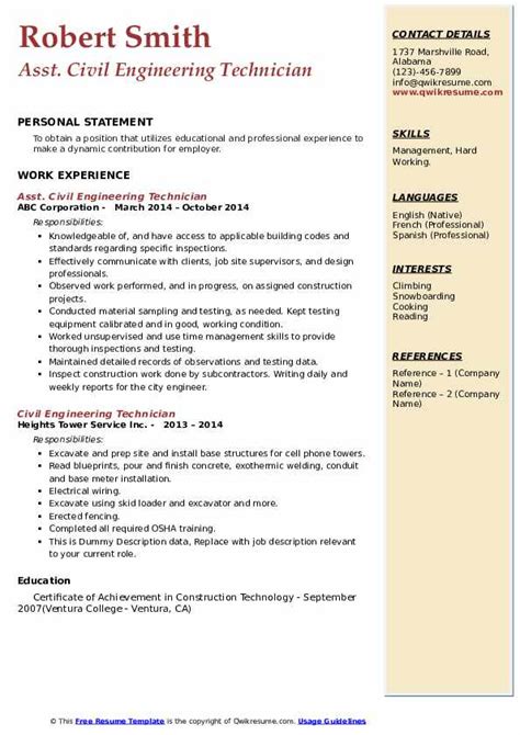 The engineering field is becoming more popular each year, but if you have the right resume, you can compete with the other experts. Civil Engineering Technician Resume Samples | QwikResume