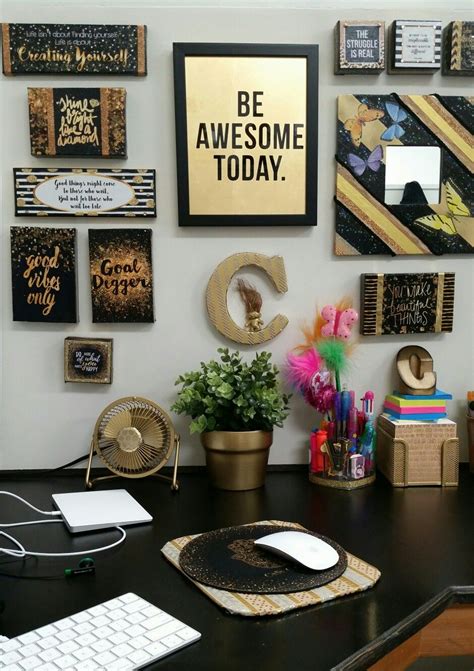 Decorated My Plain White Cubicle With Black And Gold Decor And Pops Of