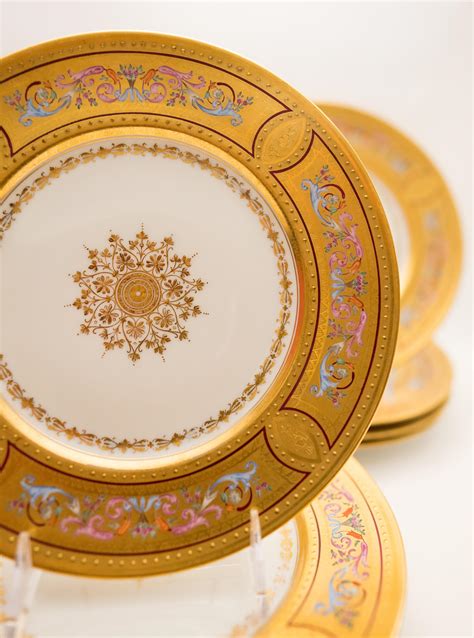 12 Elaborate Multi Color And Gilt Encrusted Antique Dessert Plates