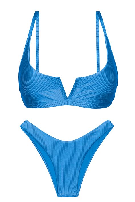 Textured Blue High Leg Bikini With V Bralette Top Set Eden Enseada