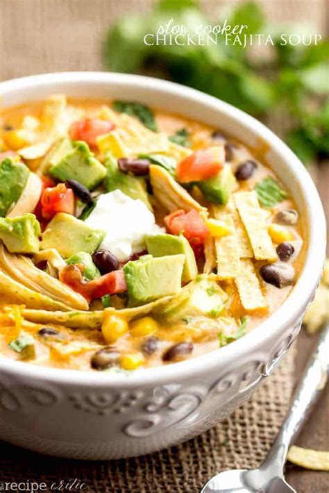 Throw all the ingredients together in a pan and bake! Slow Cooker Chicken Fajita Soup | The Recipe Critic