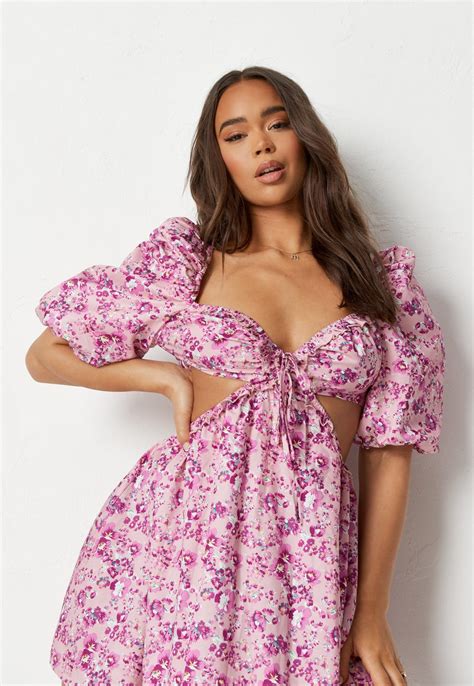 Pink Floral Print Puff Sleeve Cut Out Mini Dress | Missguided