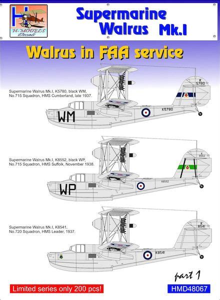 Hm Decals Hmd72086 Supermarine Walrus Mk 1 Part 1 Walrus In Faa