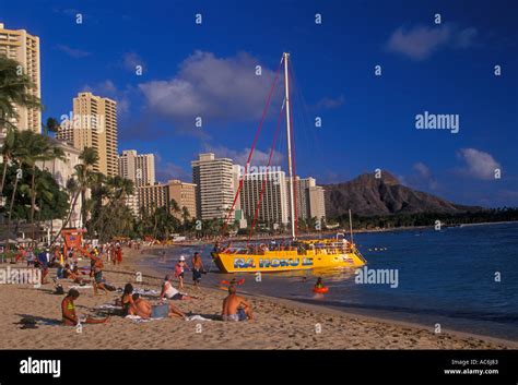 People Tourists Sunbathers Sunbathing Swimming Hotels Waikiki Beach