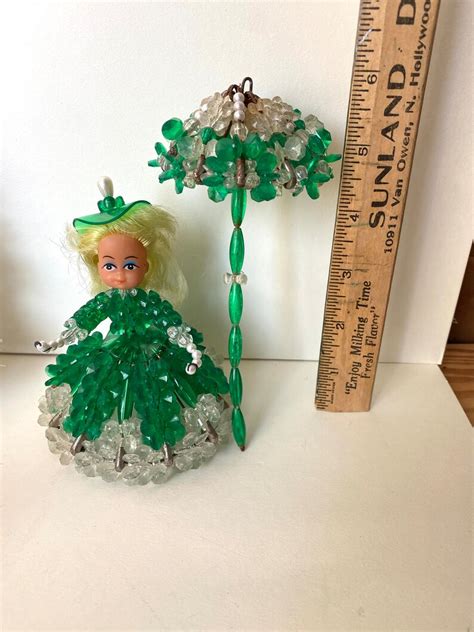 Vintage Safety Pin Doll Beaded Doll Wparasol Green And White Etsy