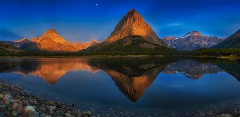 Lake Mountain Reflection Moon Forest Summer Blue Water Stones