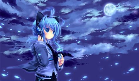 Download 1024x600 Anime Girl Moon Blue Hair Headphones