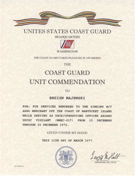 Coast Guard Unit Commendation Certificate
