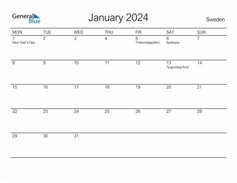 Printable January 2024 Monthly Calendar With Holidays For Sweden