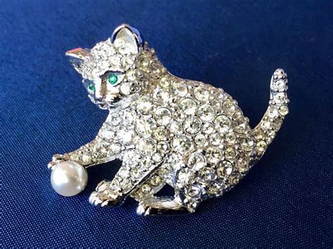 Swarovski Signed Vintage Crystal Kitten With Ball Brooch Swarovski Cat Brooch Crystal Cat Pin