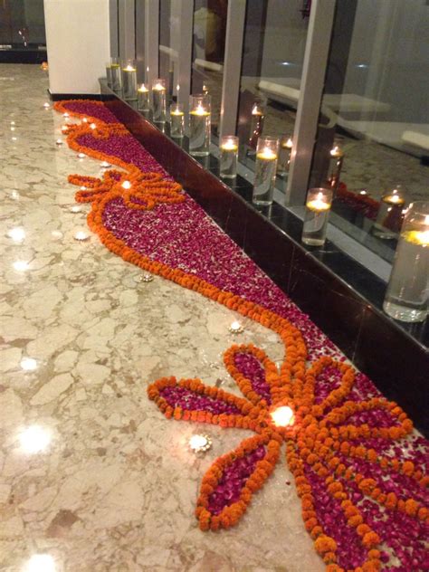 Floral Rangoli For A Diwali Party With Crystal Tealights Diwali