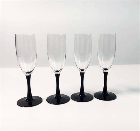 Vintage Set Of 4 Luminarc France Small Short Black Stemmed Champagne