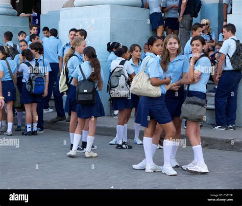 School Girls In Uniform During A Breaksanta Claracuba Stock Photo Alamy